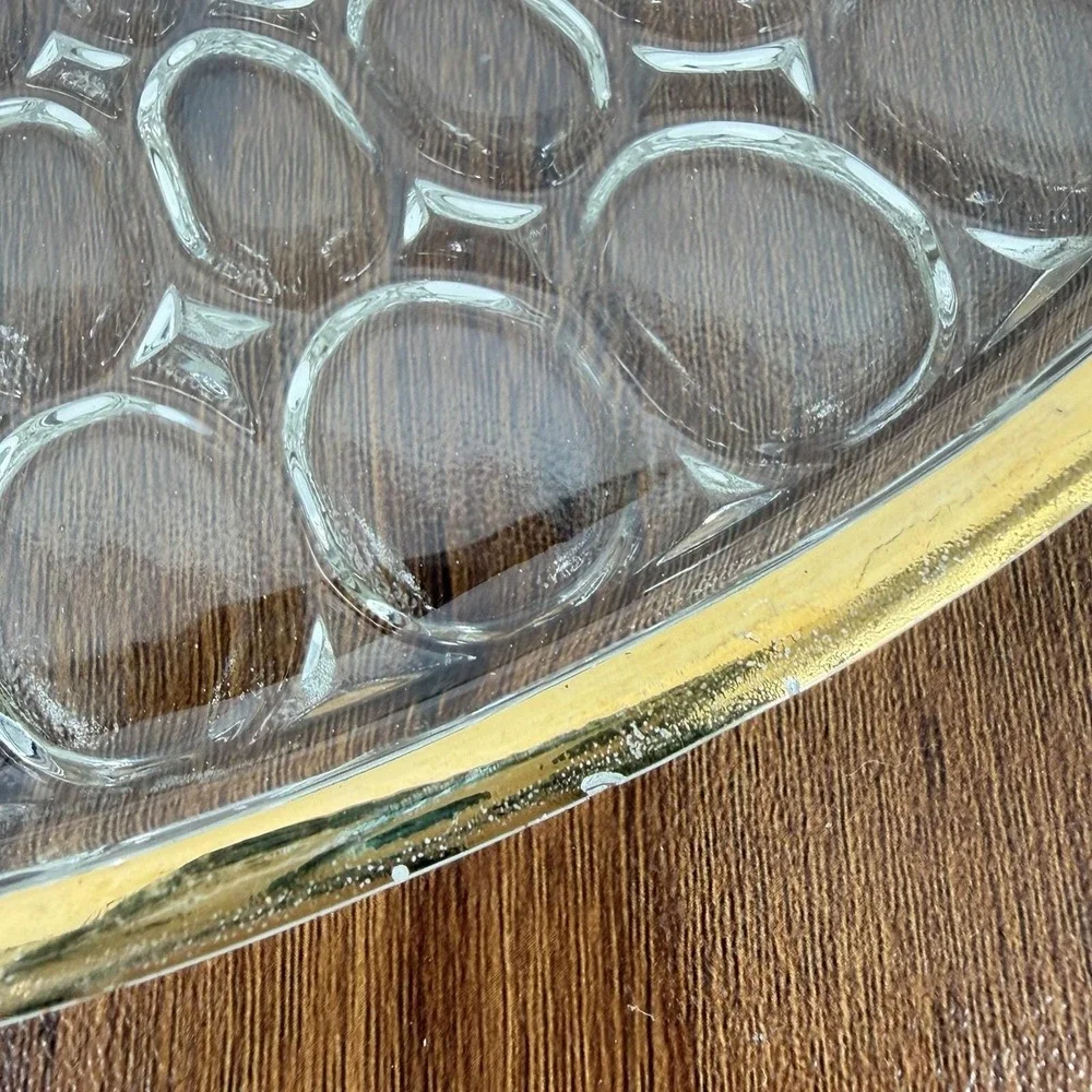 VTG Jeannette Thumbprint Gold Trim Juice Glasses Pitcher Tray Set Mid Century